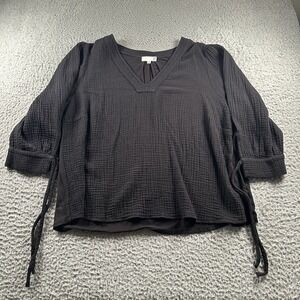 RO & DE Top Womens XL‎ Black V-Neck Gauze Textured 3/4 Sleeve Relaxed Fit